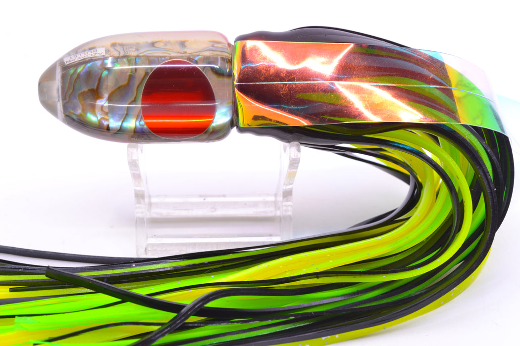 Azores Lures Paua Shell Red Eyes Azorean Bullet 9" 5.7oz Skirted Black/Green-Chartreuse with Wings