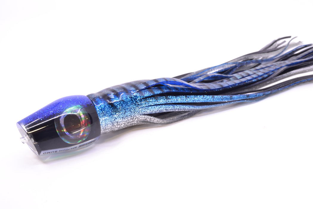 Moyes Lures Black Pearl Blue Back Taxi Eyes Medium Sumo 12" 6.8oz Skirted Blue Aurora