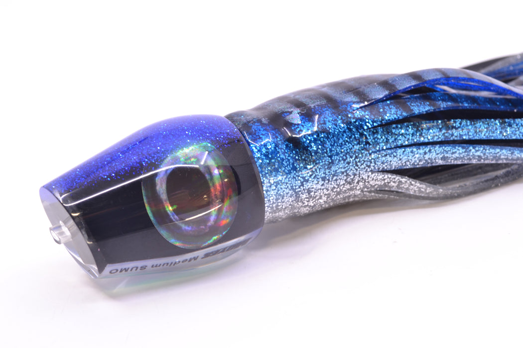 Moyes Lures Black Pearl Blue Back Taxi Eyes Medium Sumo 12" 6.8oz Skirted Blue Aurora