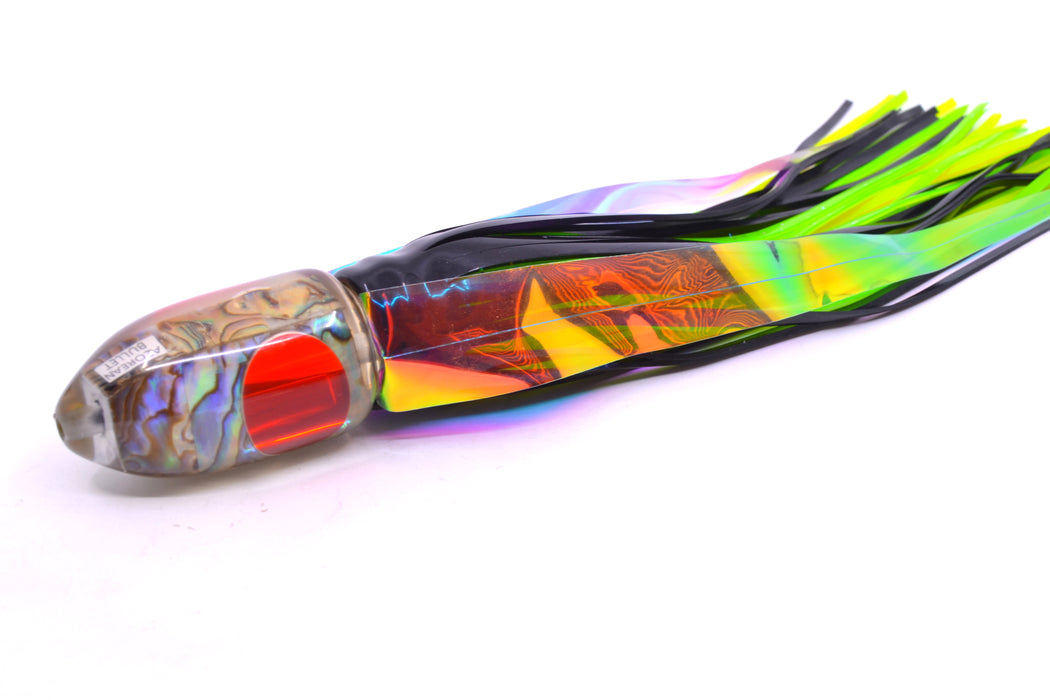 Azores Lures Paua Shell Red Eyes Azorean Bullet 9" 5.7oz Skirted Black/Green-Chartreuse with Wings