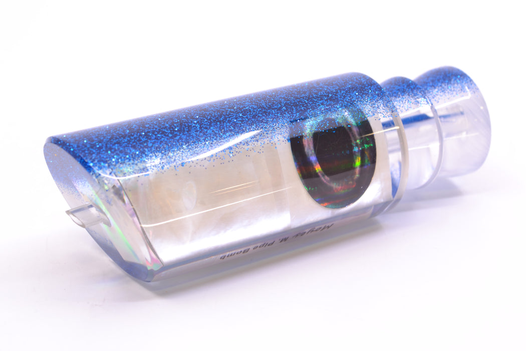 Moyes Lures White MOP Blue Glitter Back Taxi Eyes Medium Pipe Bomb 12" 4.6oz GZE