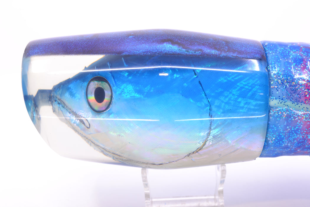 Ali'i Kai Lures Blue-White Shell Blue Back Fish Head Torta Teaser 30oz Skirted Blue Dots
