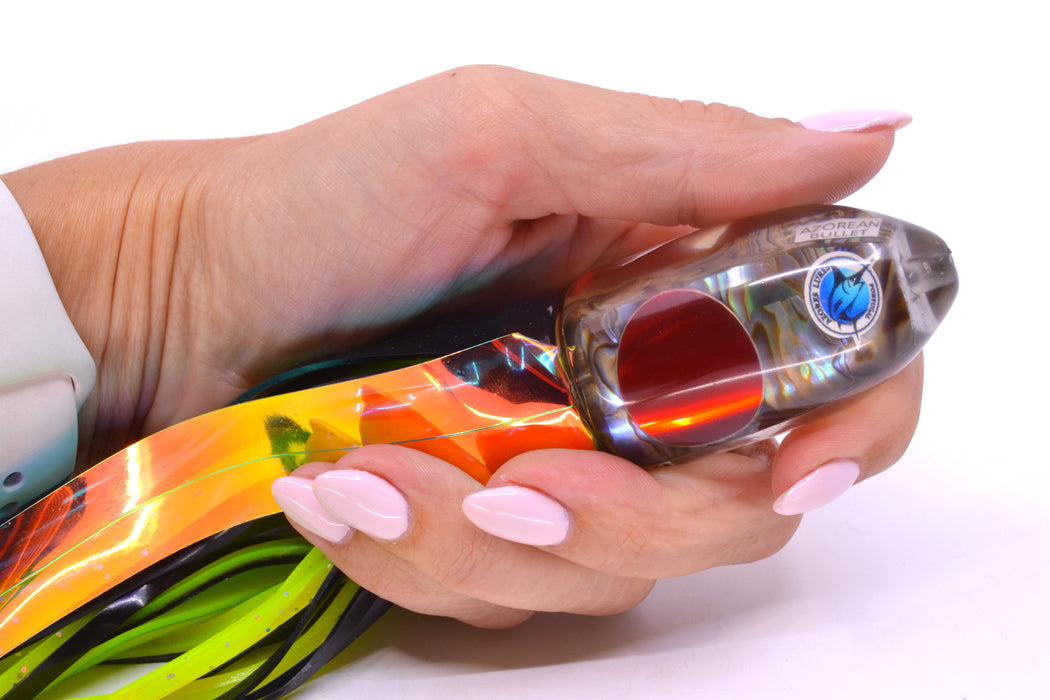 Azores Lures Paua Shell Red Eyes Azorean Bullet 9" 5.7oz Skirted Black/Green-Chartreuse with Wings