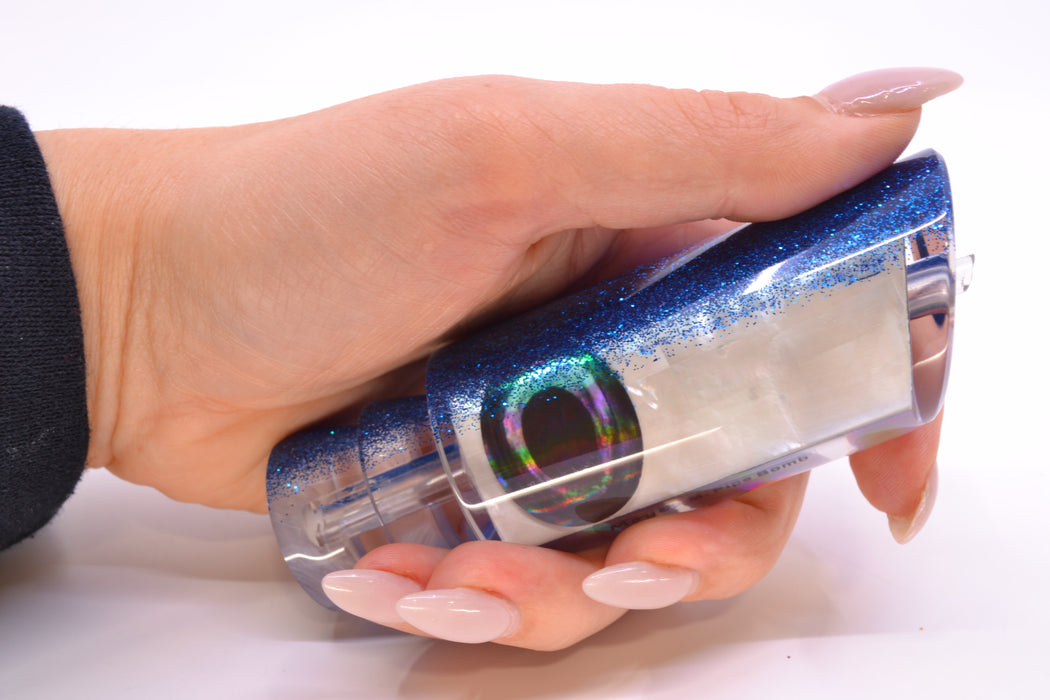 Moyes Lures White MOP Blue Glitter Back Taxi Eyes Medium Pipe Bomb 12" 4.6oz GZE