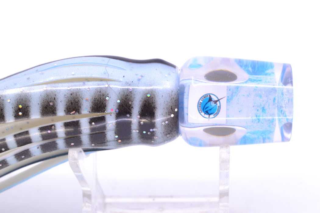 Azores Lures White-Blue Splatter Black-Silver Eyes Mini Tuna Feast 7" 2.3oz Skirted
