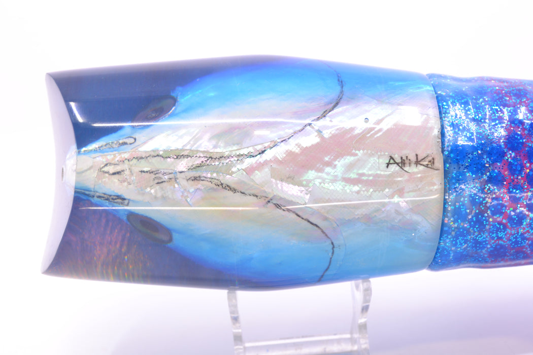 Ali'i Kai Lures Blue-White Shell Blue Back Fish Head Torta Teaser 30oz Skirted Blue Dots