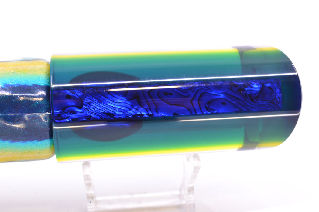 Moyes Lures Paua-MOP Blue-Yellow Back Large Pipe Bomb 14" 10.5oz FT Vinyl Tuna