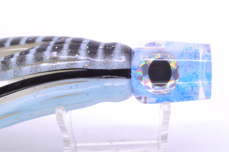 Azores Lures White-Blue Splatter Black-Silver Eyes Mini Tuna Feast 7" 2.3oz Skirted