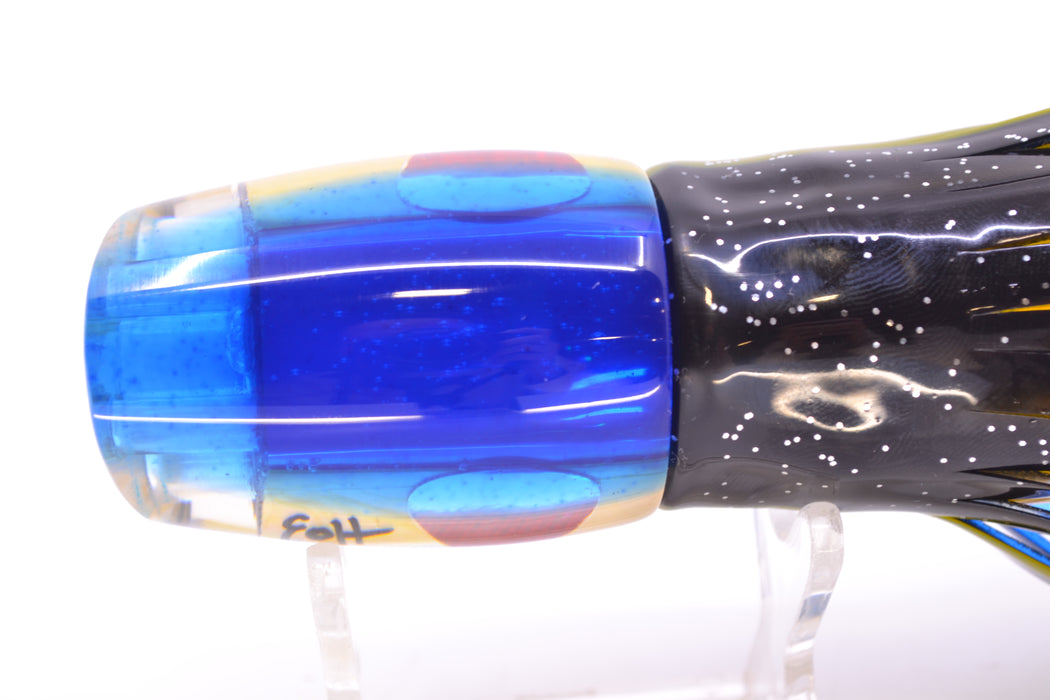 Marlin Magic Golden MOP Blue Back 4-Hole Baby Ruckus 10" 6.5oz Skirted Black-Blue/Yellow