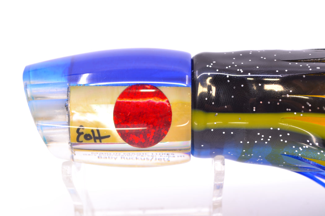 Marlin Magic Golden MOP Blue Back 4-Hole Baby Ruckus 10" 6.5oz Skirted Black-Blue/Yellow