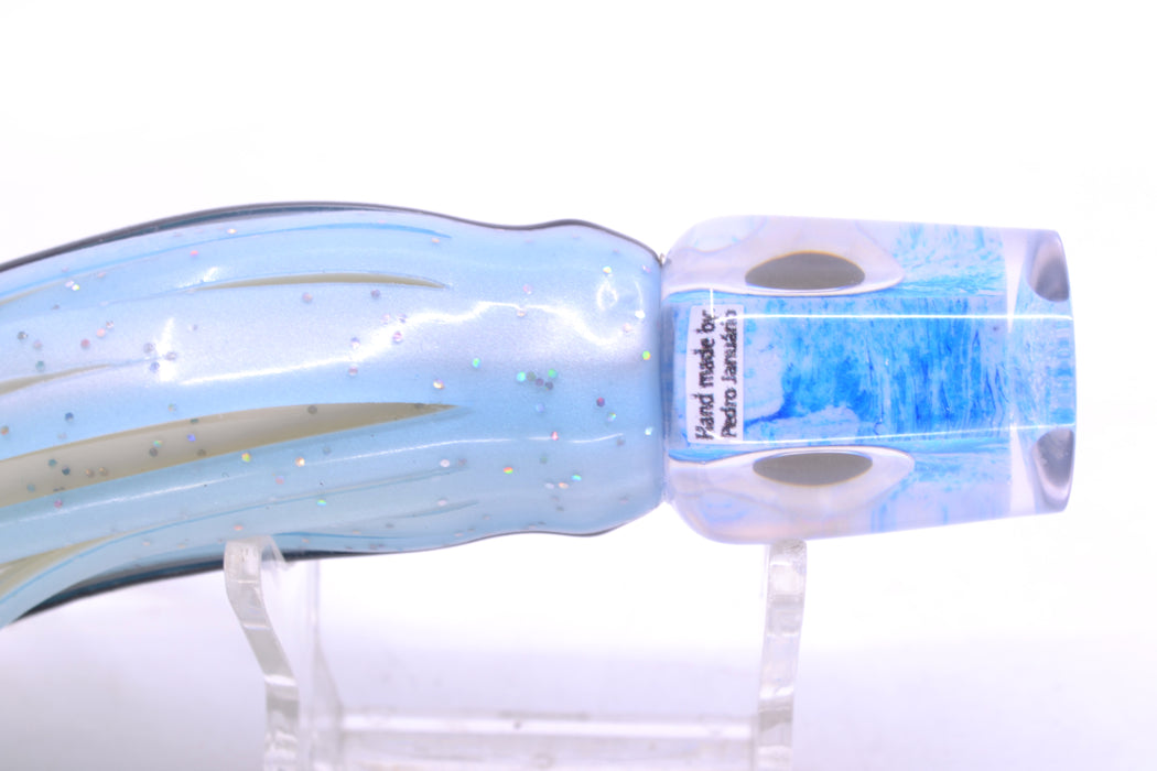Azores Lures White-Blue Splatter Black-Silver Eyes Mini Tuna Feast 7" 2.3oz Skirted