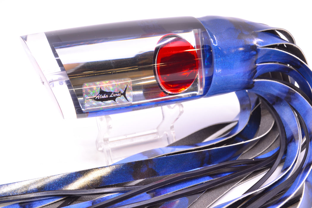 Aloha Lures Clear Mirrored Red Eyes Smash Bait 14" 12.2oz Fire Tailz Vinyl Blue Tiger GZE