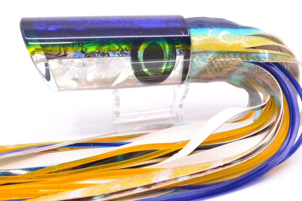 Moyes Lures Paua-MOP Blue-Yellow Back Large Pipe Bomb 14" 10.5oz FT Vinyl Tuna