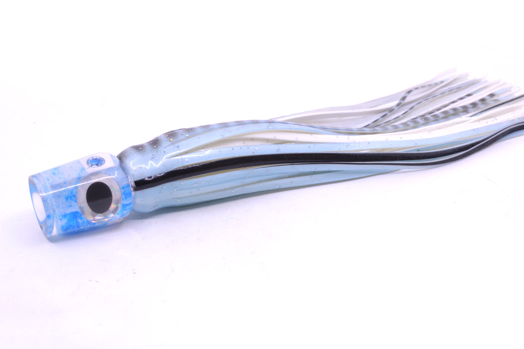 Azores Lures White-Blue Splatter Black-Silver Eyes Mini Tuna Feast 7" 2.3oz Skirted