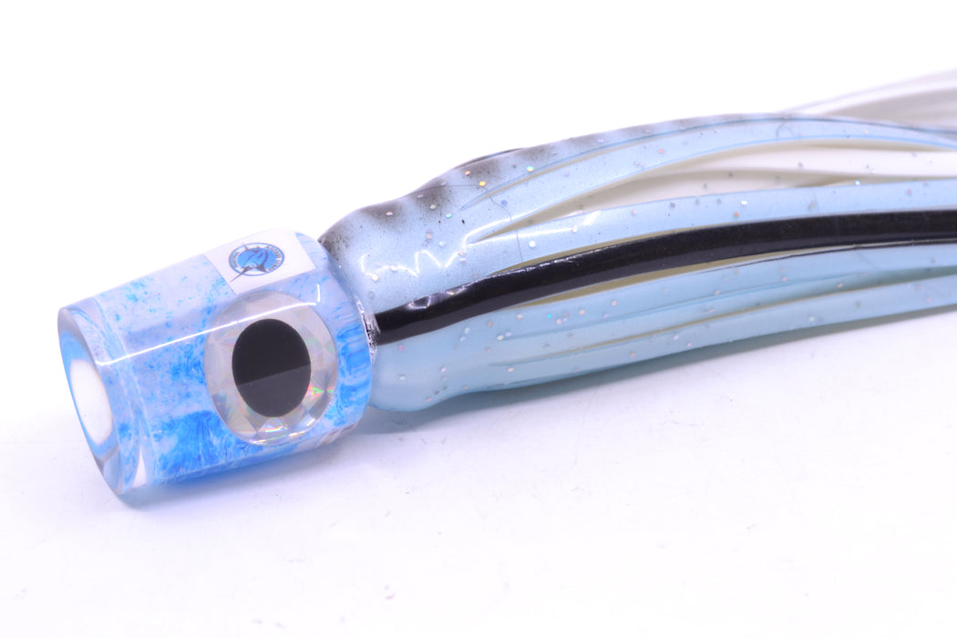 Azores Lures White-Blue Splatter Black-Silver Eyes Mini Tuna Feast 7" 2.3oz Skirted