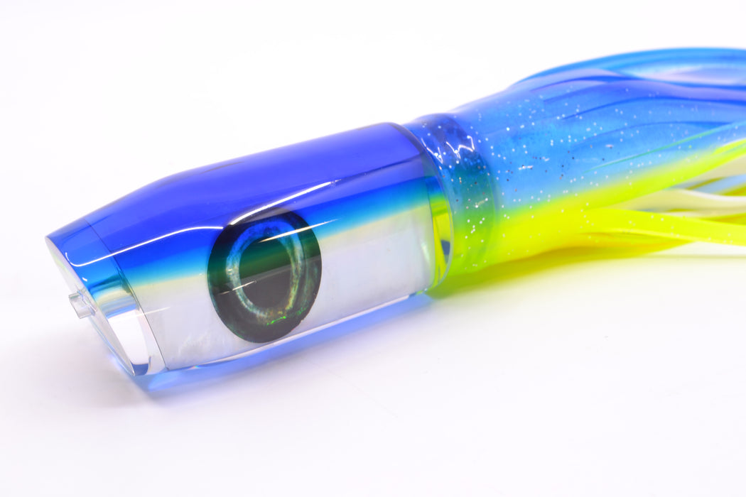 Moyes Lures White MOP Blue-Yellow Back Taxi Eyes Davey Boy 12" 8oz Skirted