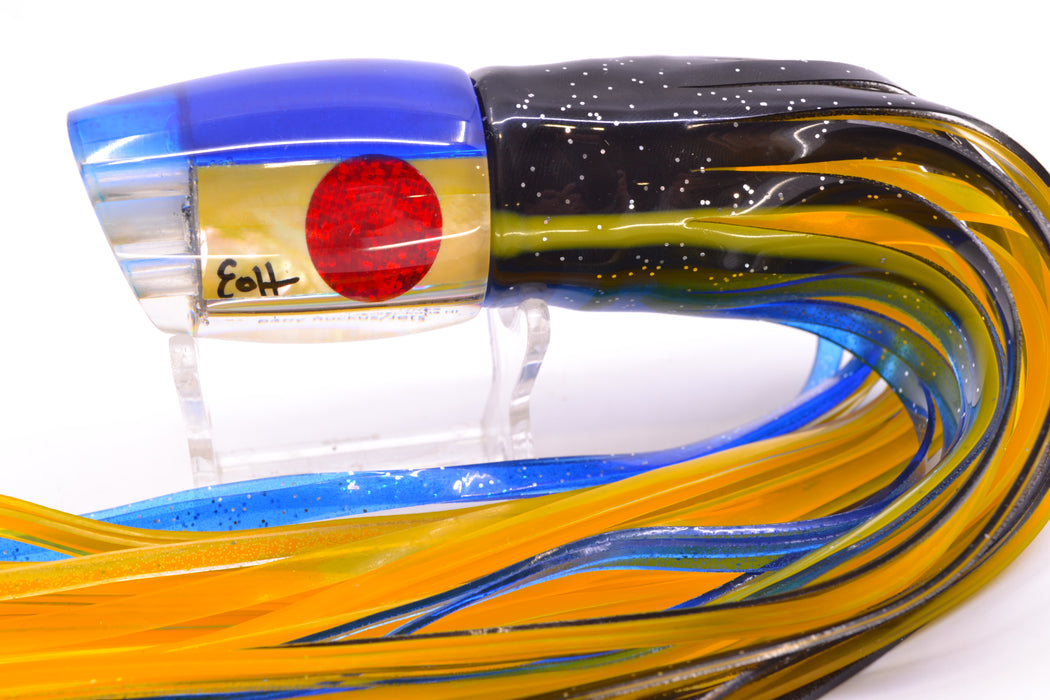 Marlin Magic Golden MOP Blue Back 4-Hole Baby Ruckus 10" 6.5oz Skirted Black-Blue/Yellow