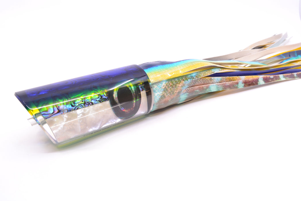 Moyes Lures Paua-MOP Blue-Yellow Back Large Pipe Bomb 14" 10.5oz FT Vinyl Tuna