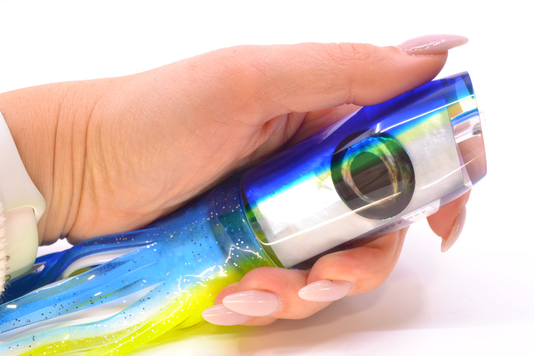 Moyes Lures White MOP Blue-Yellow Back Taxi Eyes Davey Boy 12" 8oz Skirted