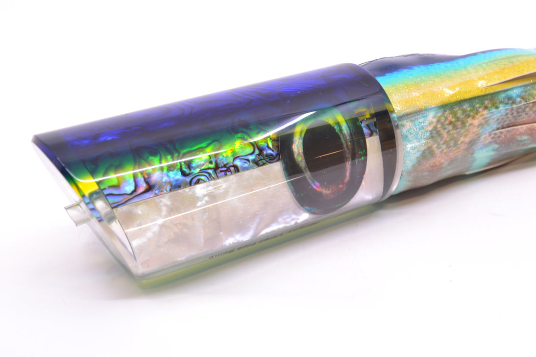 Moyes Lures Paua-MOP Blue-Yellow Back Large Pipe Bomb 14" 10.5oz FT Vinyl Tuna