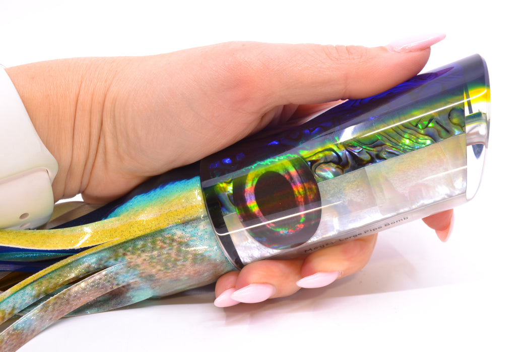 Moyes Lures Paua-MOP Blue-Yellow Back Large Pipe Bomb 14" 10.5oz FT Vinyl Tuna