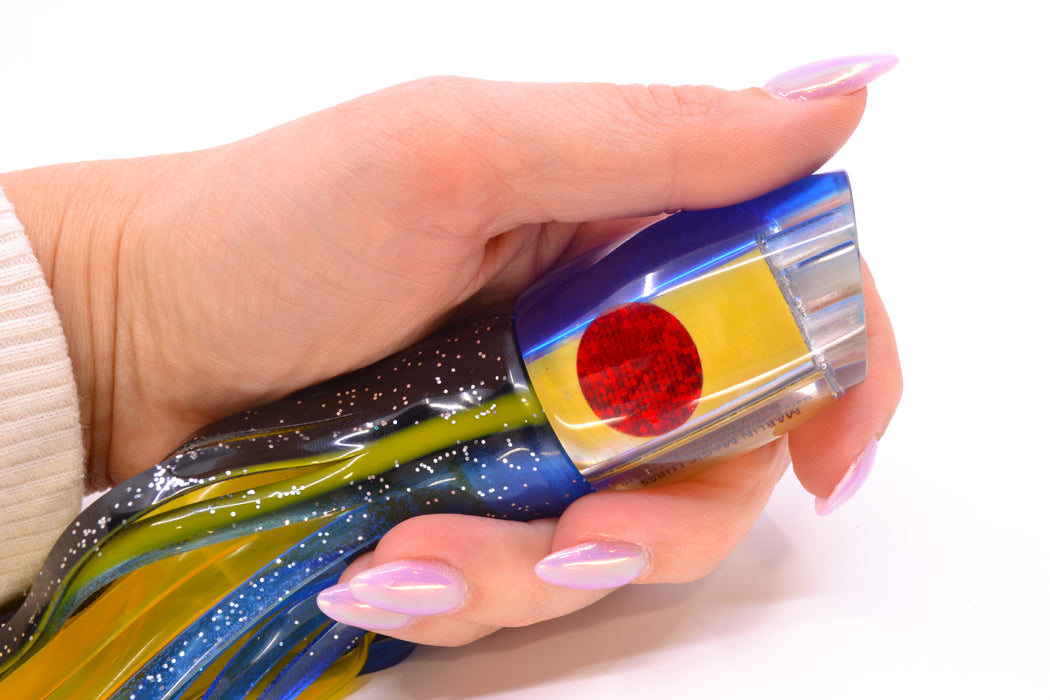 Marlin Magic Golden MOP Blue Back 4-Hole Baby Ruckus 10" 6.5oz Skirted Black-Blue/Yellow