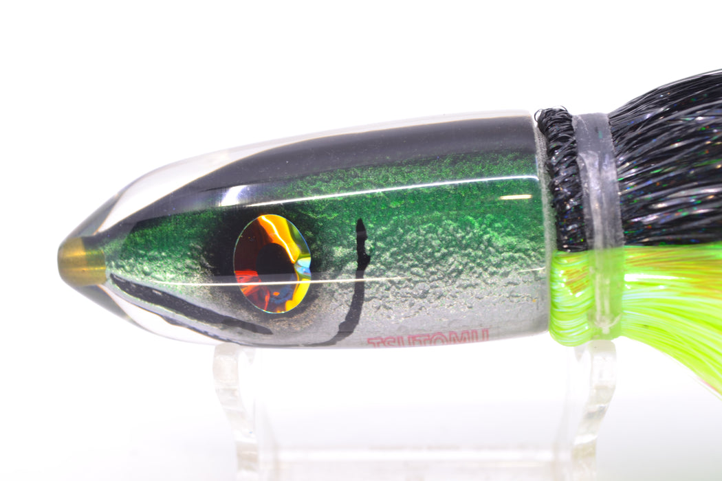 Tsutomu Lures Black-Green-Silver Fish Head Ali'i Bullet 7" 5oz Strobez Black-Chartreuse