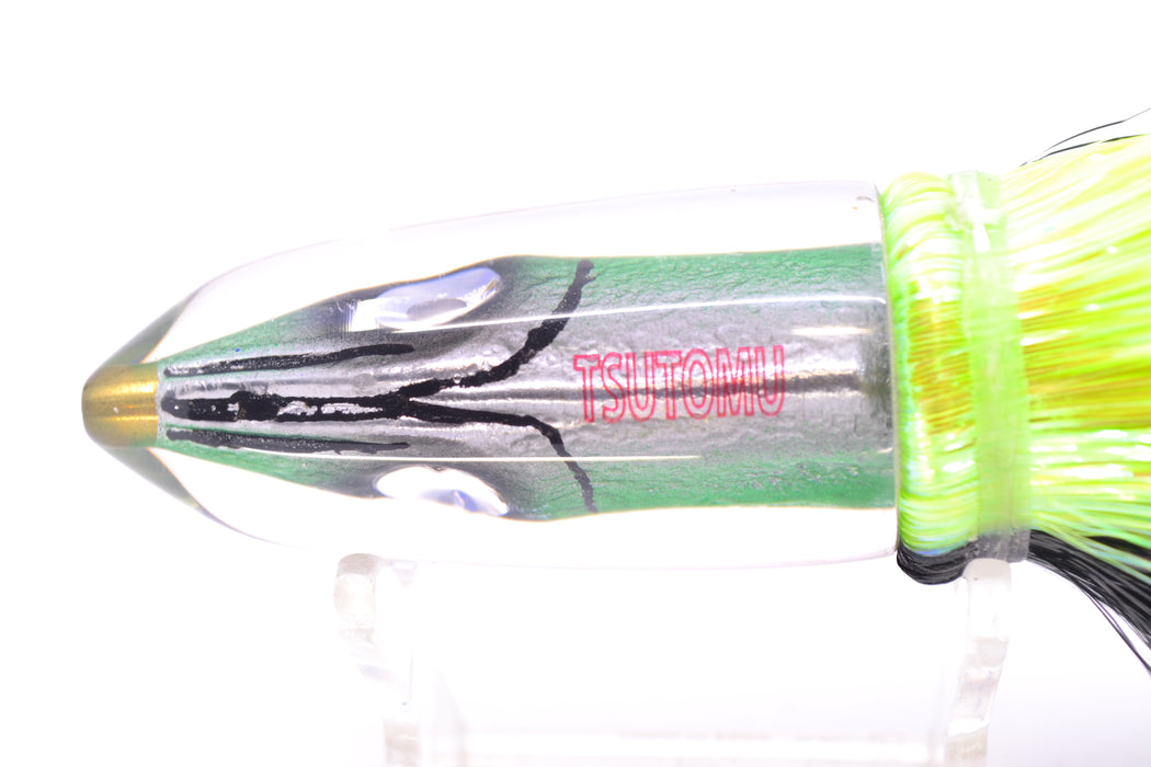 Tsutomu Lures Black-Green-Silver Fish Head Ali'i Bullet 7" 5oz Strobez Black-Chartreuse
