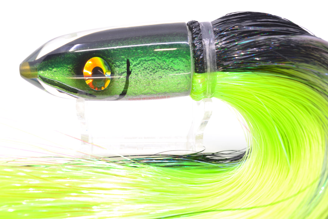 Tsutomu Lures Black-Green-Silver Fish Head Ali'i Bullet 7" 5oz Strobez Black-Chartreuse