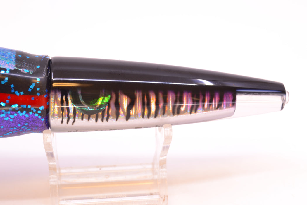 Moyes Lures Black Mackerel Taxi Eyes Ono Rocket 9" 8oz Skirted Blue-Black-Purple