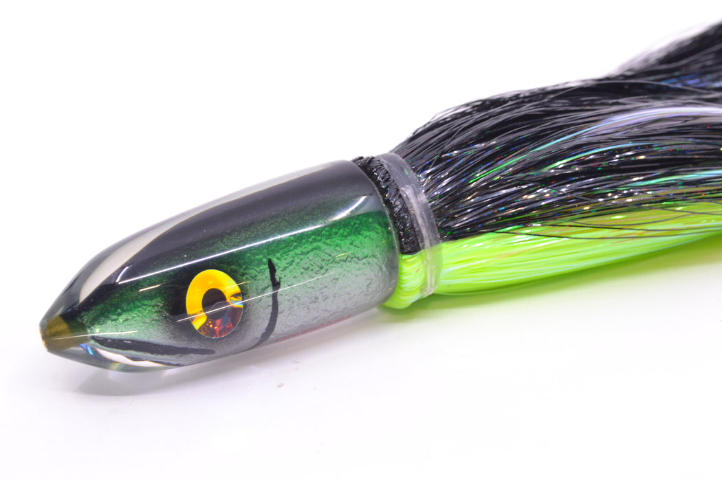 Tsutomu Lures Black-Green-Silver Fish Head Ali'i Bullet 7" 5oz Strobez Black-Chartreuse