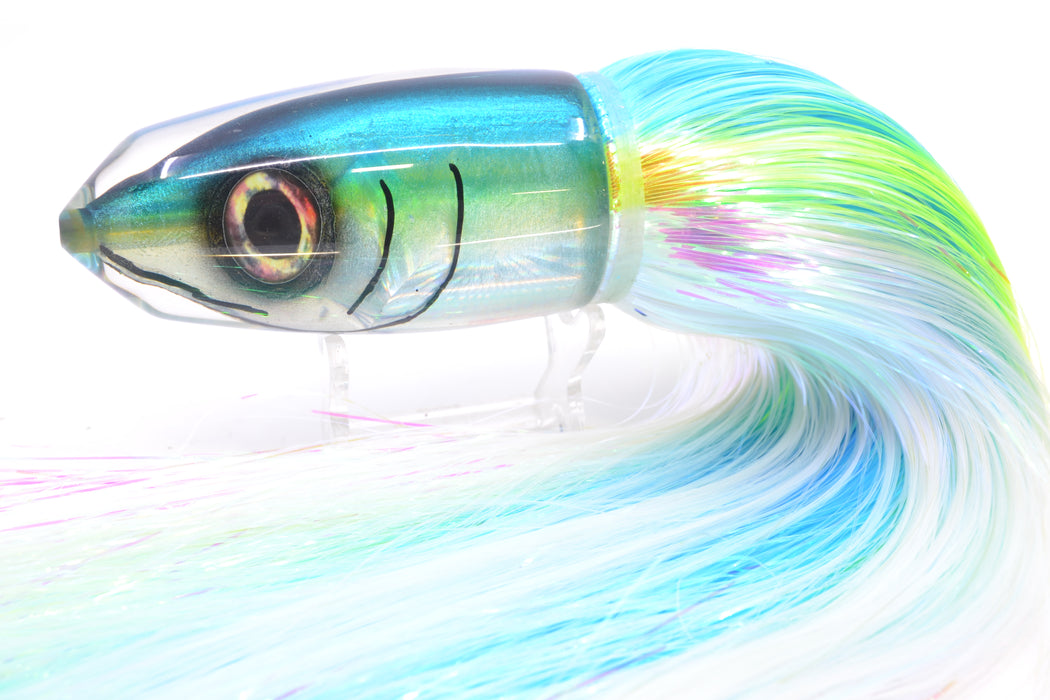 Tsutomu Lures Blue-Silver Fish Head Benchmark Bullet 12" 8oz EZ Flash Ice Blue-Chartreuse-White