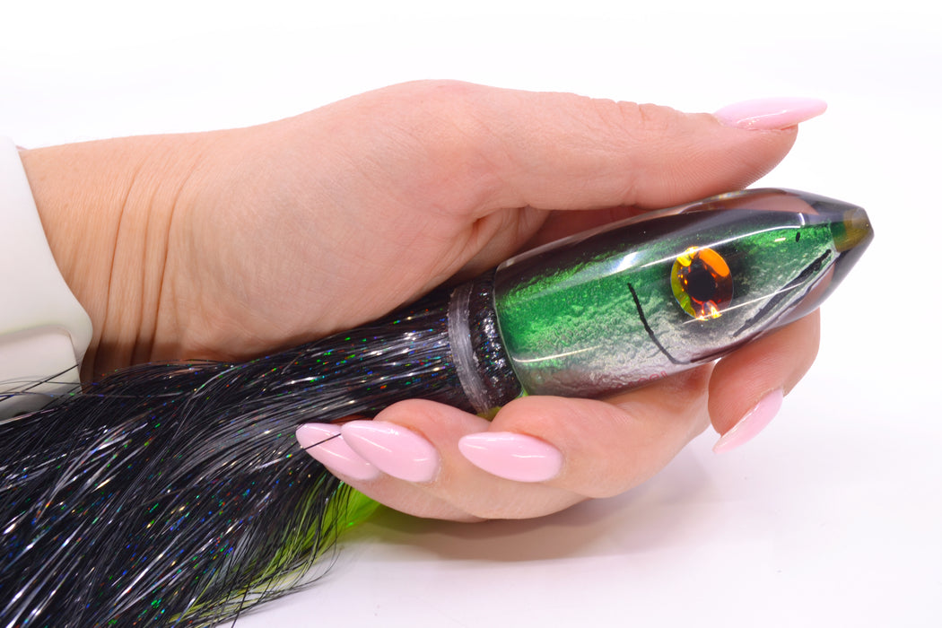Tsutomu Lures Black-Green-Silver Fish Head Ali'i Bullet 7" 5oz Strobez Black-Chartreuse