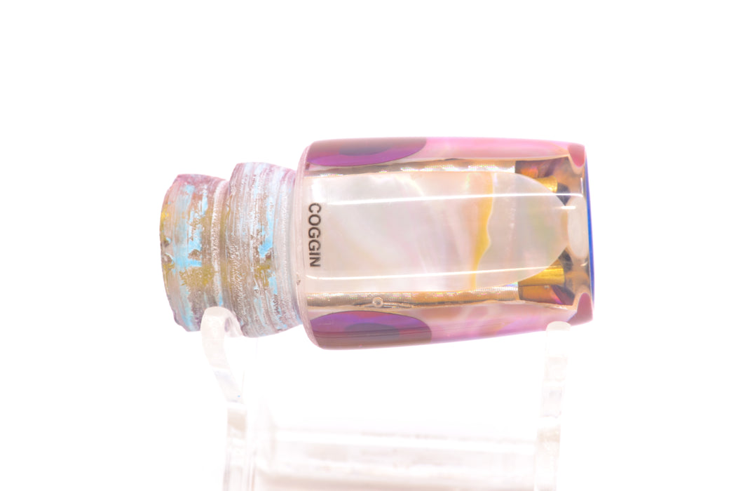 Coggin Lures White MOP Silver Wrap Blue-Pink Back 4-Hole Small Slant Bogie Invert 7" 2.5oz