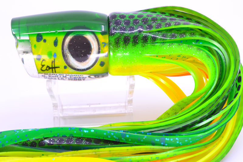 Marlin Magic Lures Mahi MOP Green Back Lil Hibby 10" 7.2oz Skirted Black Dots *CHIPPED* GZE