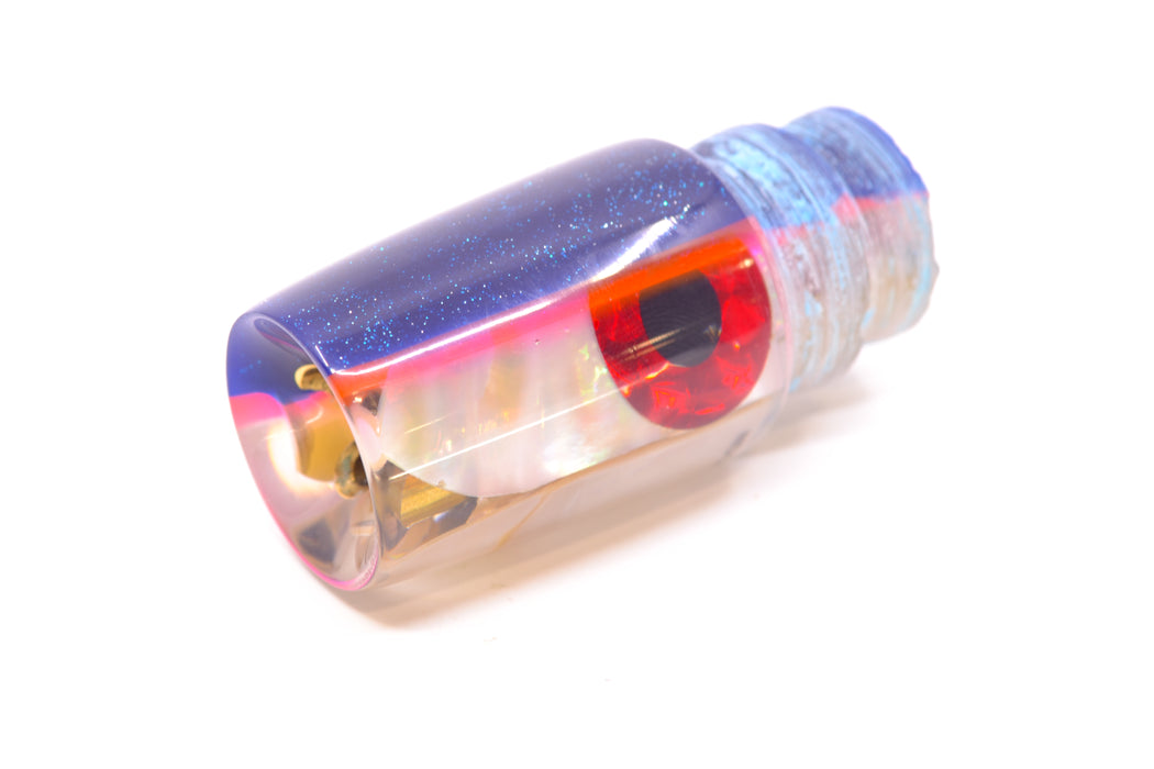 Coggin Lures White MOP Silver Wrap Blue-Pink Back 4-Hole Small Slant Bogie Invert 7" 2.5oz