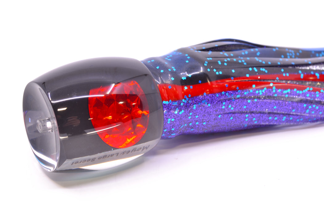 Moyes Lures Black Pearl Black Back Red Eyes Large Secret 12" 6.5oz Skirted Black-Blue Bars GZE