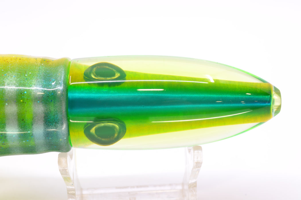 Moyes Lures Silver Aurora Green Back Keeled Medium Ono Bullet 9" 8.7oz Skirted GZE