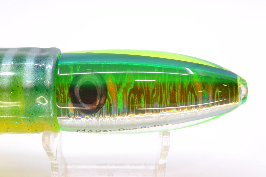 Moyes Lures Silver Aurora Green Back Keeled Medium Ono Bullet 9" 8.7oz Skirted GZE