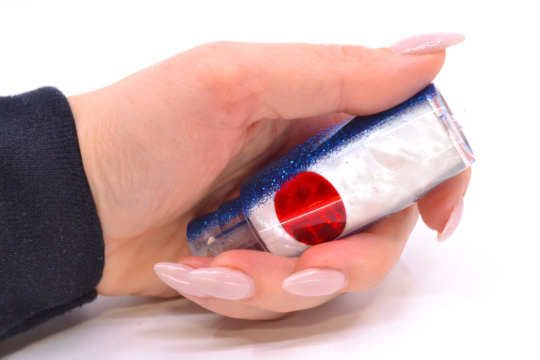 Moyes Lures White MOP Blue Glitter Back Red Eyes Small Shotgun 9" 2oz