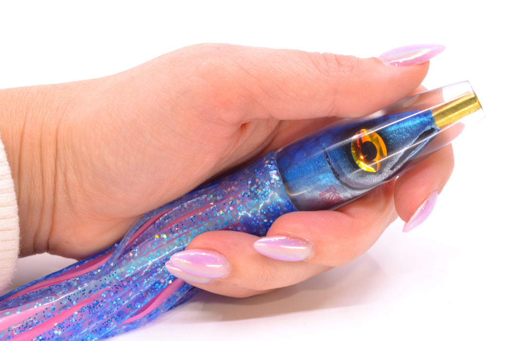 Tsutomu Lures Blue Dot Back Blue-Silver Fish Head Poke Invert 6" 3.2oz Skirted Blue Dots