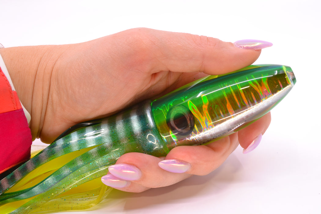 Moyes Lures Silver Aurora Green Back Keeled Medium Ono Bullet 9" 8.7oz Skirted GZE