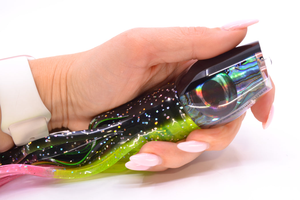 Moyes Lures Paua Shell Black Back Taxi Eyes Medium Sumo 12" 6.8oz Skirted Magic Johnson