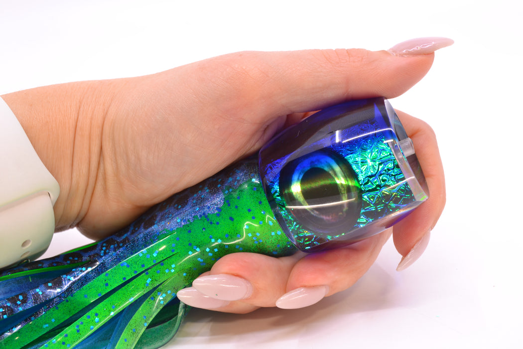 Moyes Lures Blue-Green Oil Slick Blue Back Taxi Eyes Large Secret 12" 6.5oz Skirted GZE