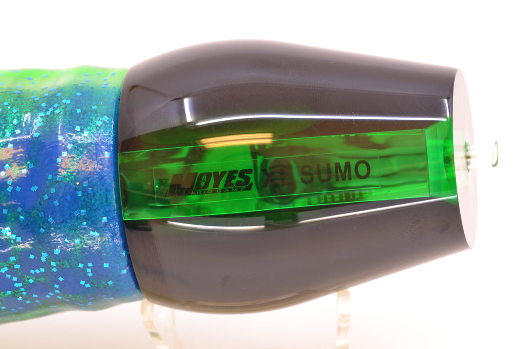 Moyes Lures Green Mirrored Black Back XL Sumo 16" 20.5oz Skirted Black Dots-Blue Dots