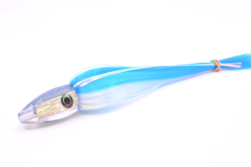 Moyes Lures White MOP Blue Glitter Back Poon 5" 1.3oz Skirted Ice Blue-White Hair