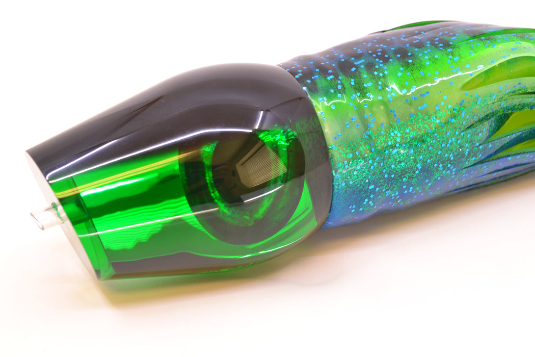 Moyes Lures Green Mirrored Black Back XL Sumo 16" 20.5oz Skirted Black Dots-Blue Dots