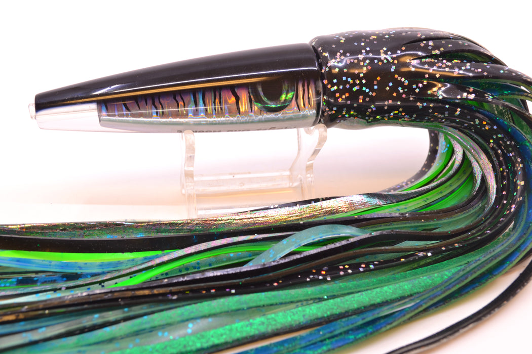 Moyes Lures Black Mackerel Taxi Eyes Ono Rocket 9" 8oz Skirted Black Aurora/Blue-Green