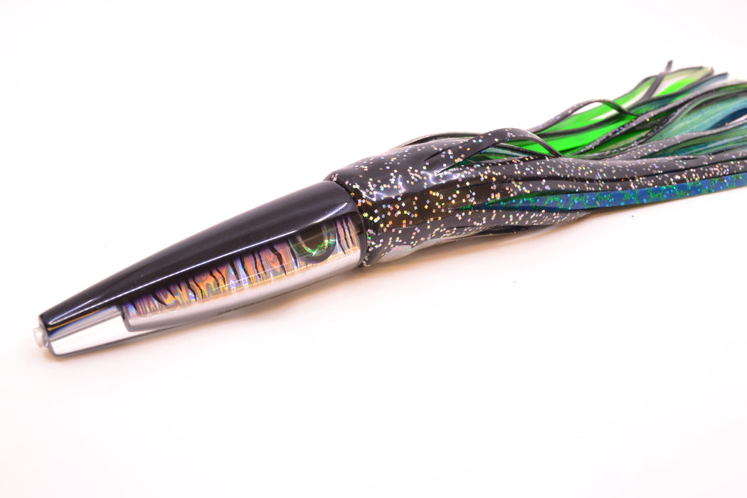 Moyes Lures Black Mackerel Taxi Eyes Ono Rocket 9" 8oz Skirted Black Aurora/Blue-Green