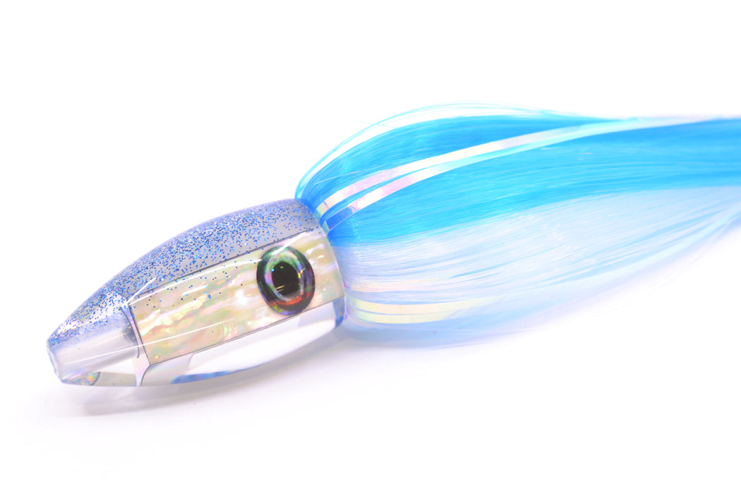 Moyes Lures White MOP Blue Glitter Back Poon 5" 1.3oz Skirted Ice Blue-White Hair